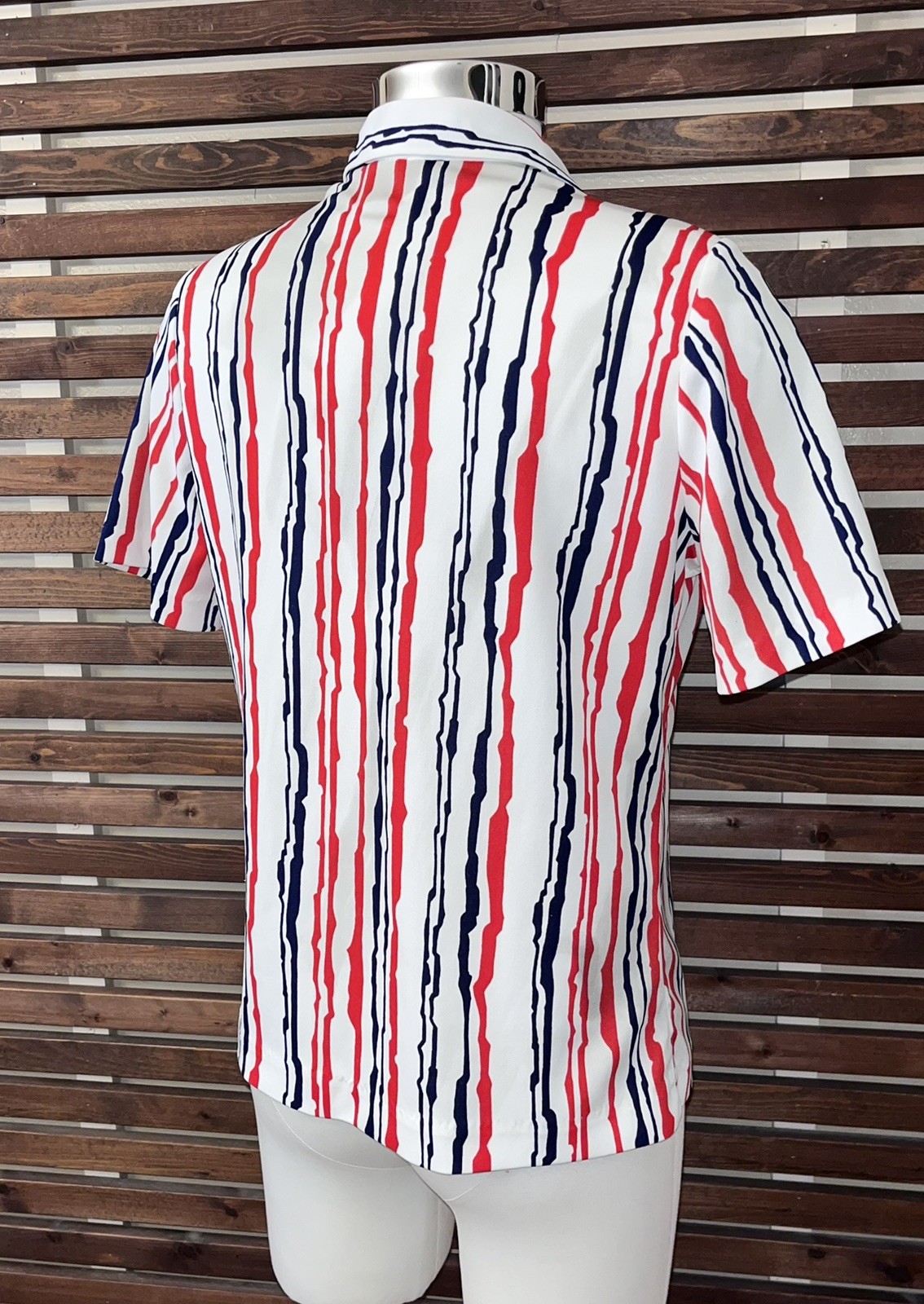 1970s 70s Vintage Red Blue White Striped Button Short Sleeve Graff Blouse Shirt