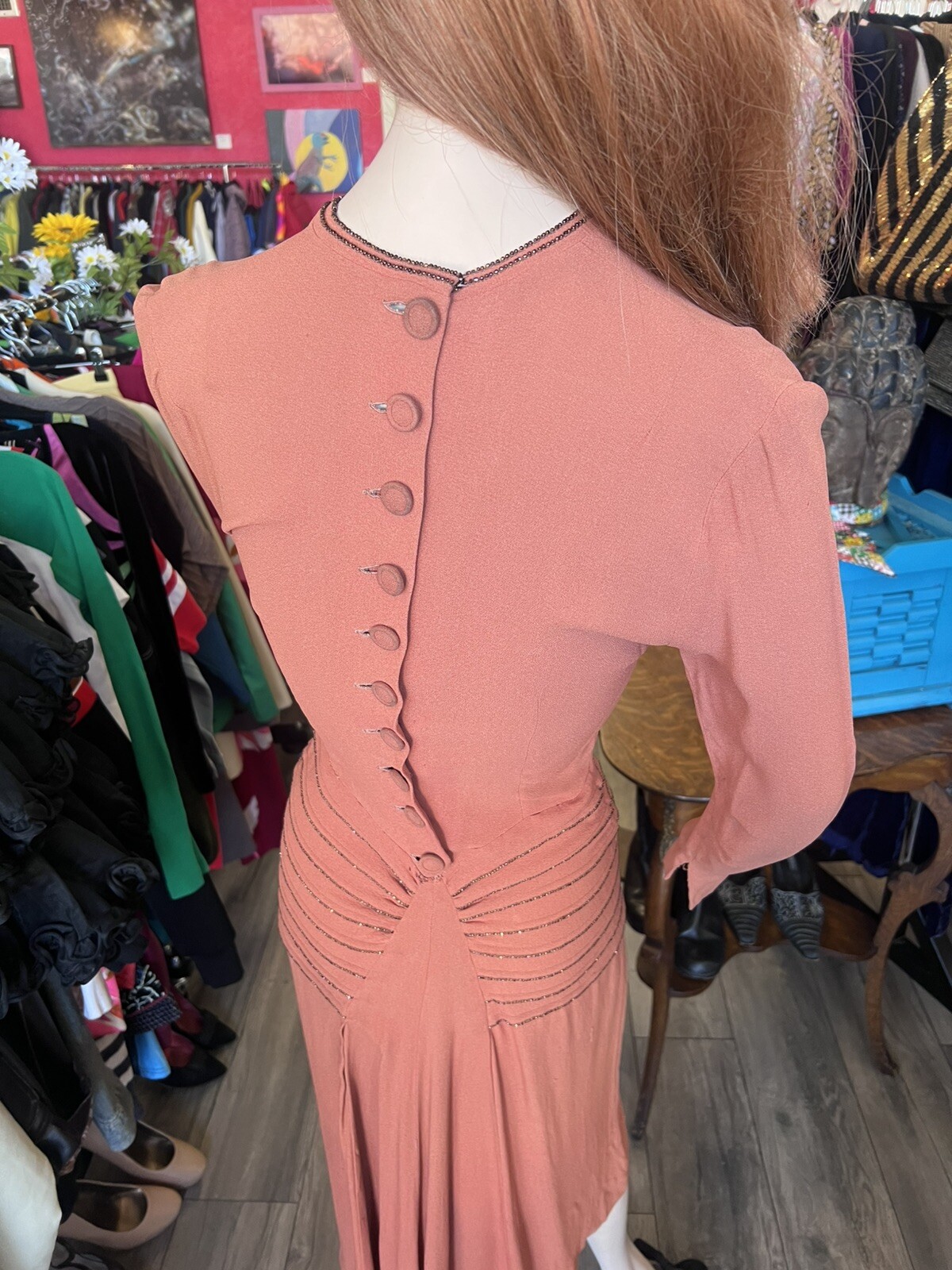 1940s Cinnamon Crepe Dress With Rust Beaded Waist And Fabric Covered Button Back