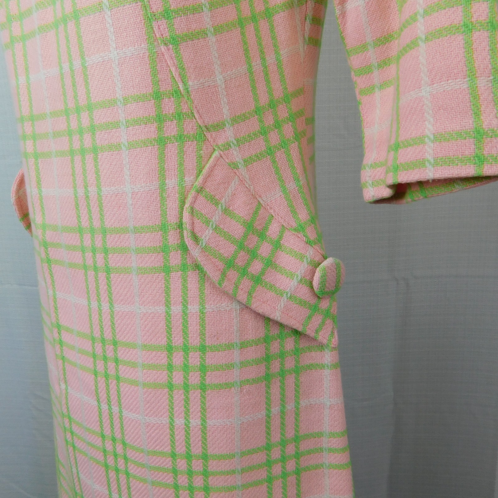 VTG 60s Mod Dress Womens Pink Lime Green Plaid Handmade Wool Knit Twiggy Gogo