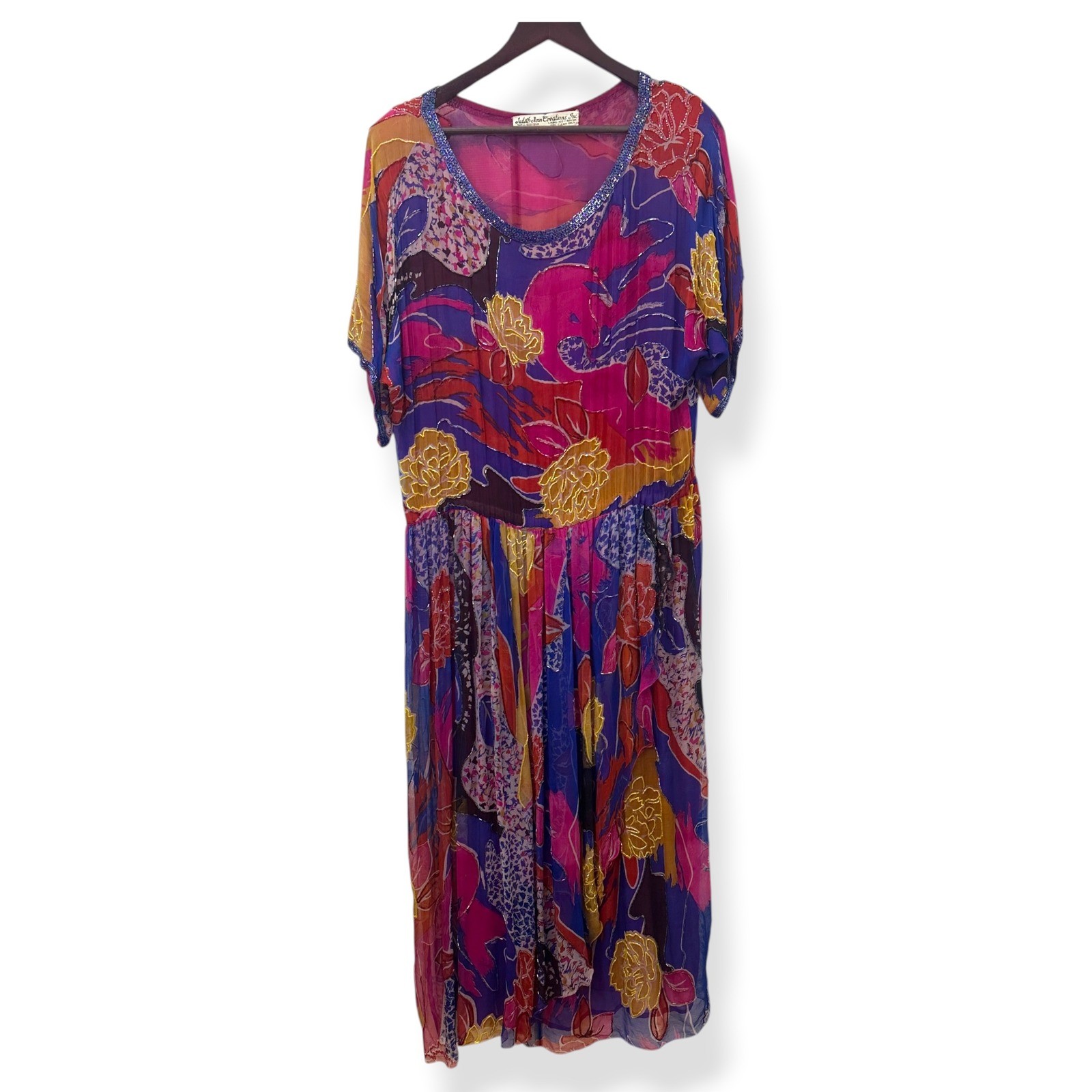 Vtg Judith Ann Creations Maxi Dress Silk Floral Belted Beaded Boho Womens L