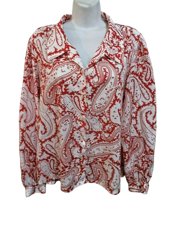 Vintage Judy Bond Blouse Size 14 Red Shirt Paisley Print Top