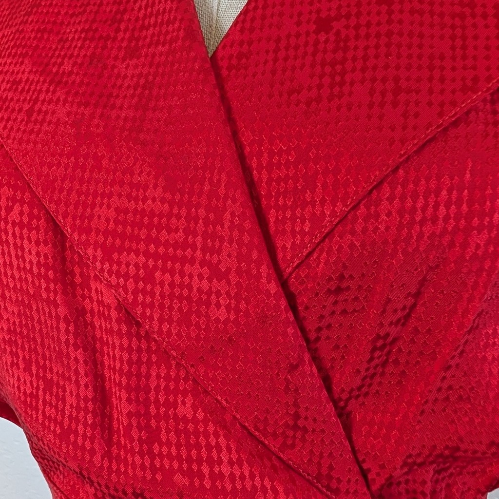 Vintage 80s Red Silk Dress Wrap Bodice Puff Sleeve Midi Cummerbund Waist