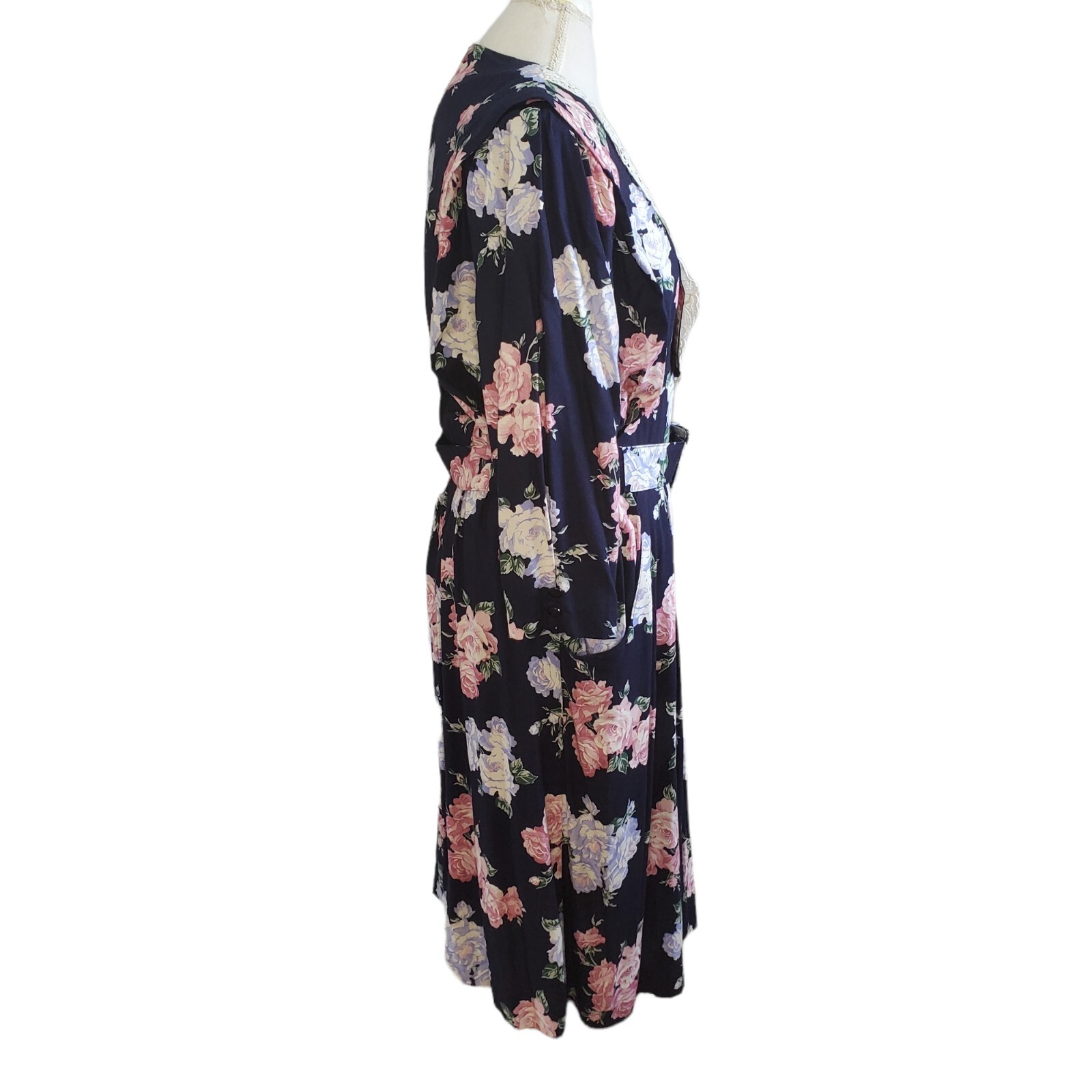 VTG Womens Dress Midi Sz L Belted Blue Floral Crochet Lace Cottagecore USA Made