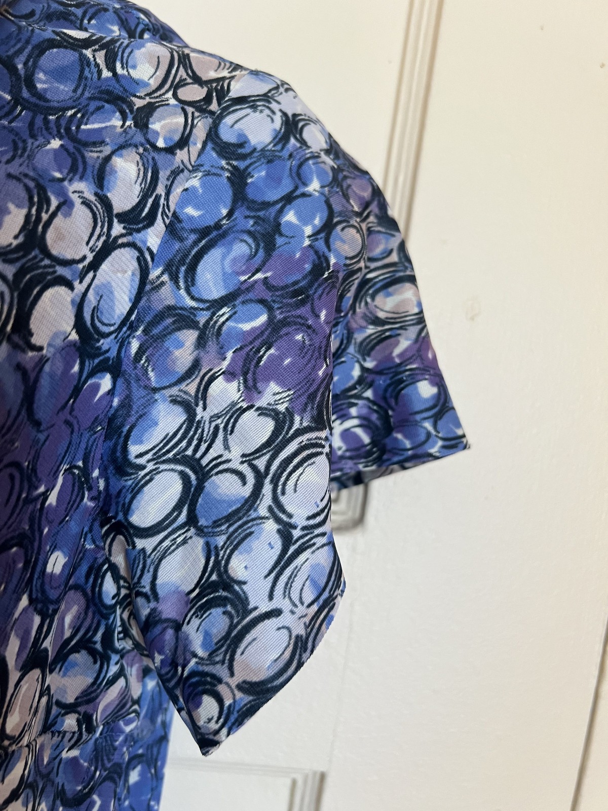 Vintage blue geometric 50s soft knit dress Fancy collar rhinestones belt Size L