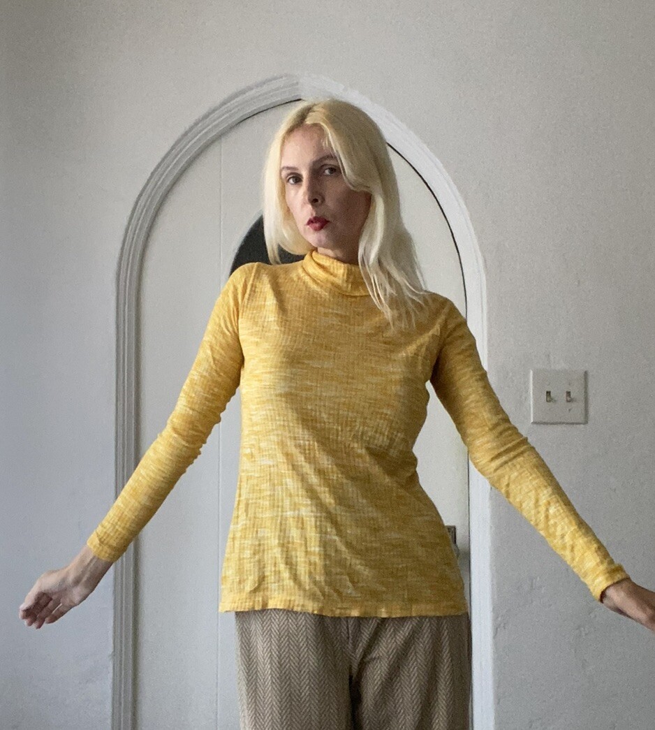 60s Vintage Yellow Space Dye Rollover Turtleneck Lightweight Pullover Top M