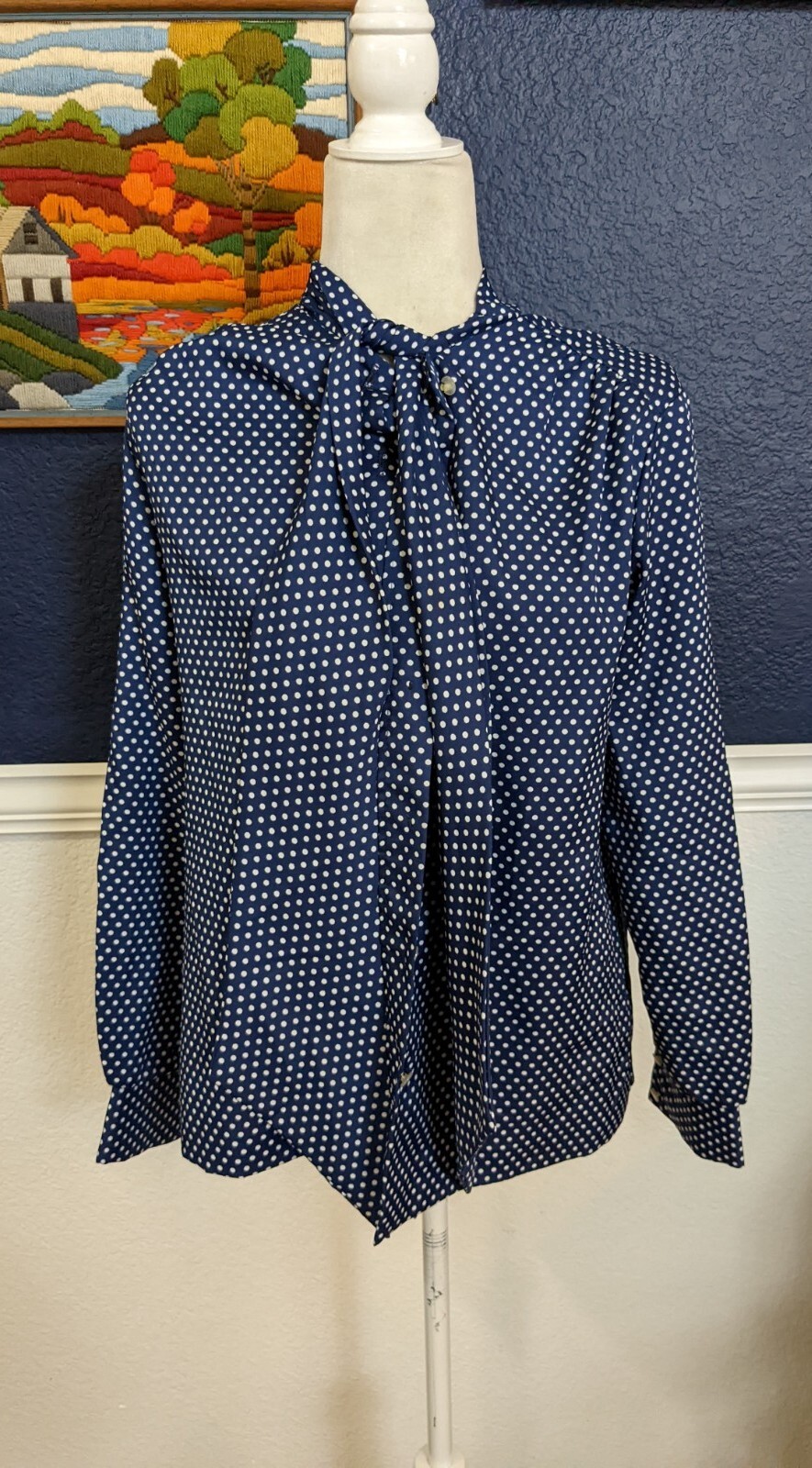VTG 1970s Lee Mar Necktie Button Blouse Shirt Blue Polka Dot Sears Sz 14 Large L