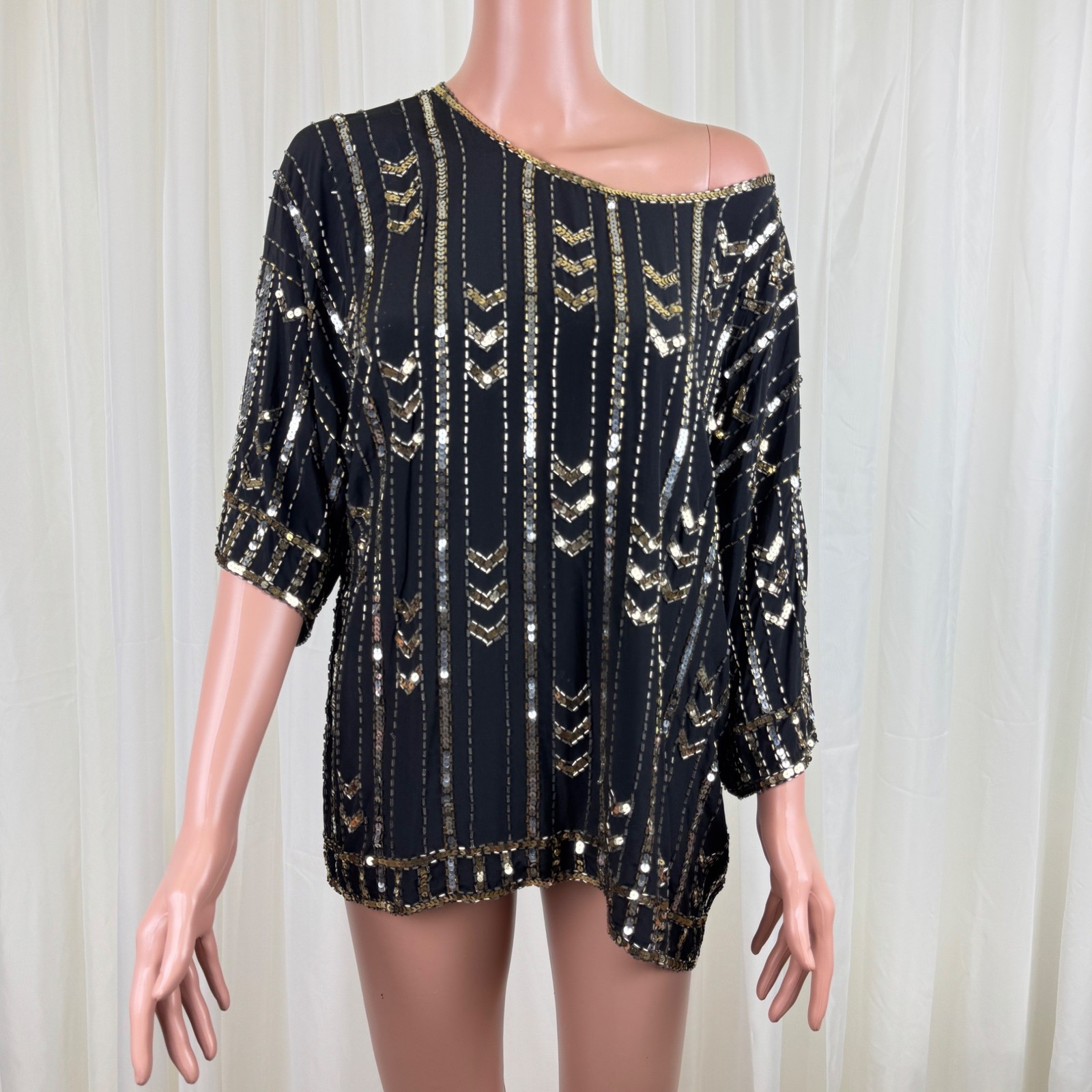 Vintage 80’s Three Flaggs 100% Silk Beaded Sequins Blouse Top Sz Large Black