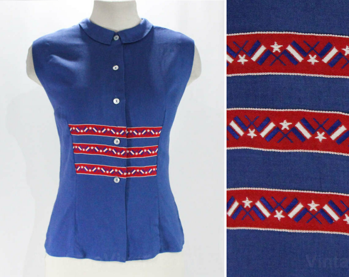 Size 6 McMullen Blouse 1950s Blue Linen Tailored Top Red Nautical Flags Shirt