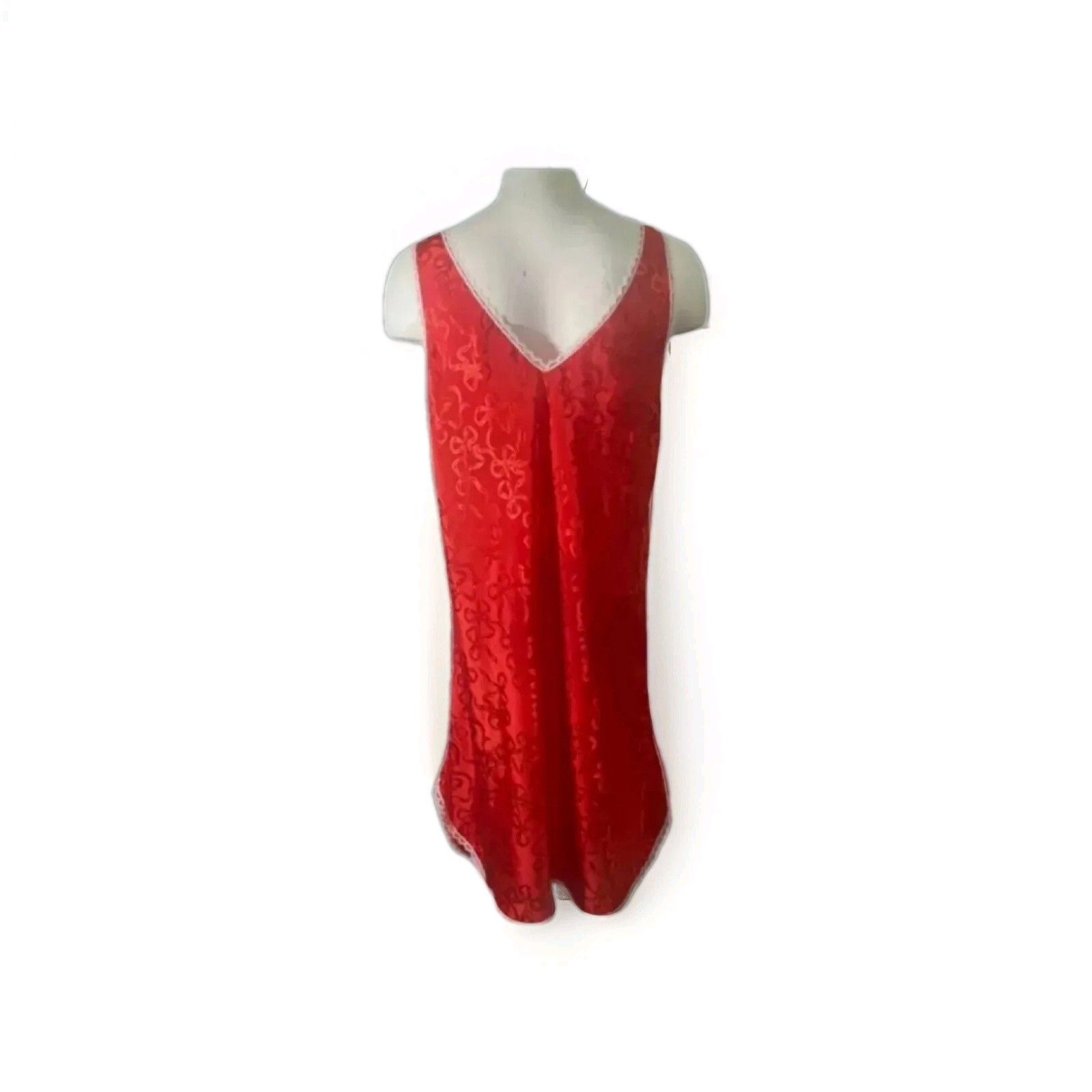 Vtg Cine Star Red Satin Slip Ribbon Print Lace Trim Chemise Nightgown Large