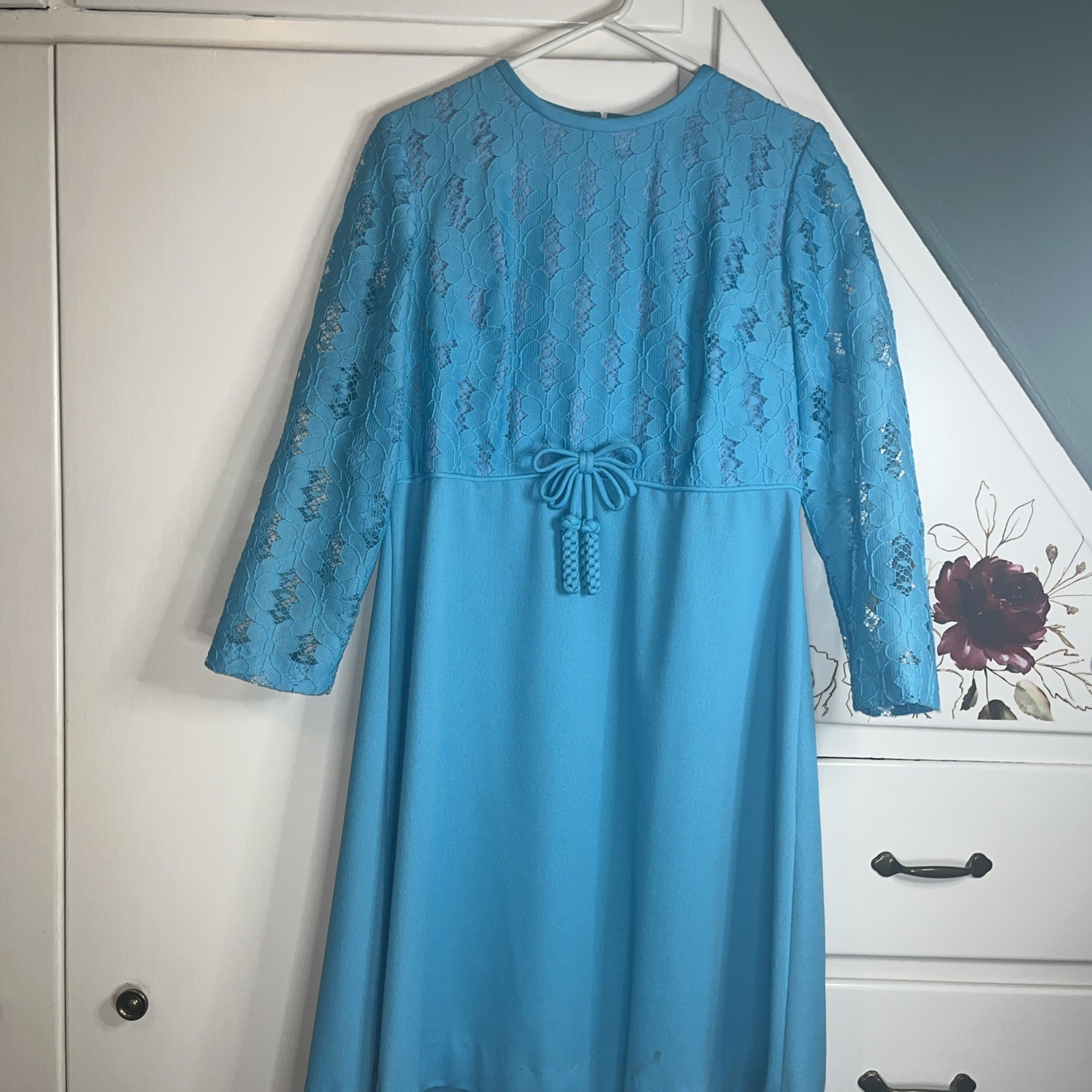 1960s/70s Aquamarine Plus Size Shift Dress With Tassel Bow And Metal Back Zipper