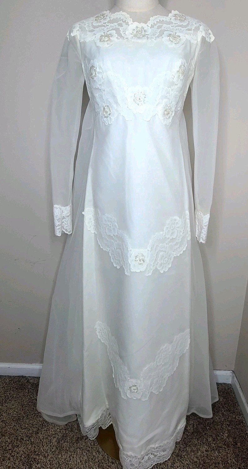 Vintage Union Made 60s Prairie Lace Sequin Empire Waist Wedding Dress Ivory