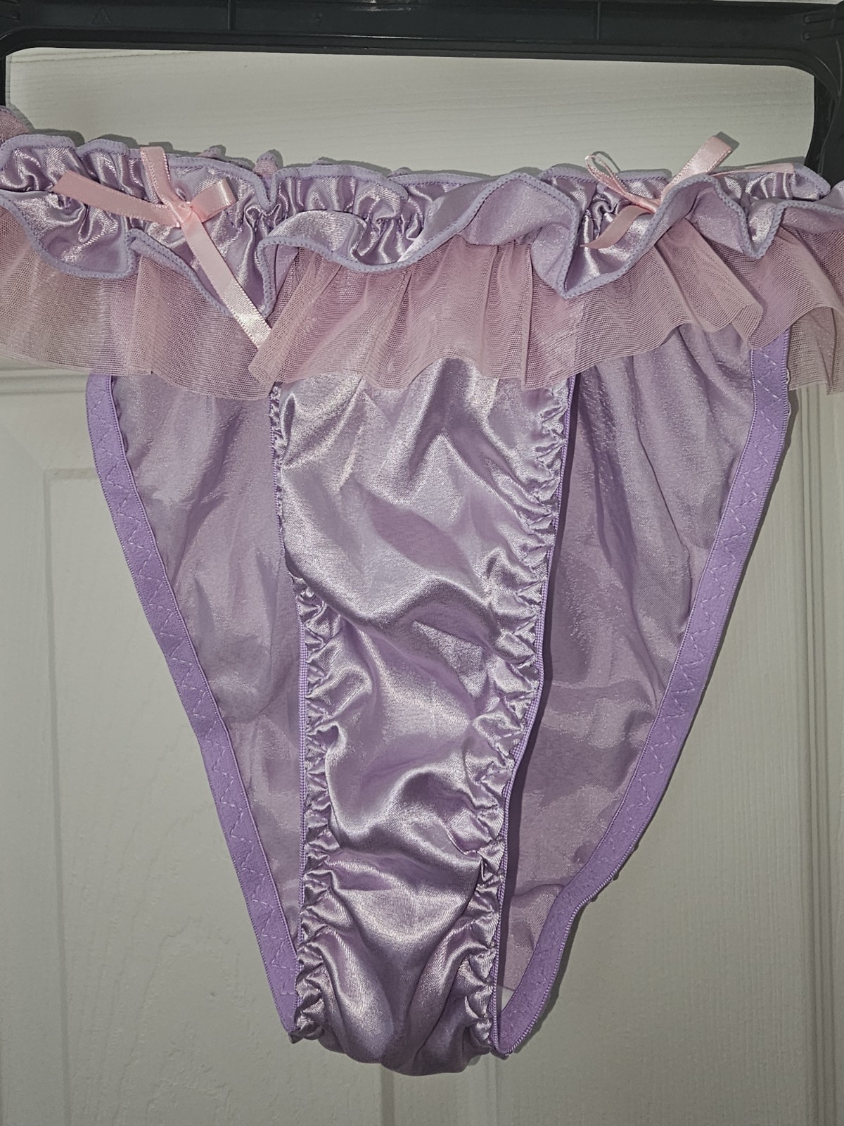 Vintage Girly Glossy Satin String Bikini Panties. Size Large