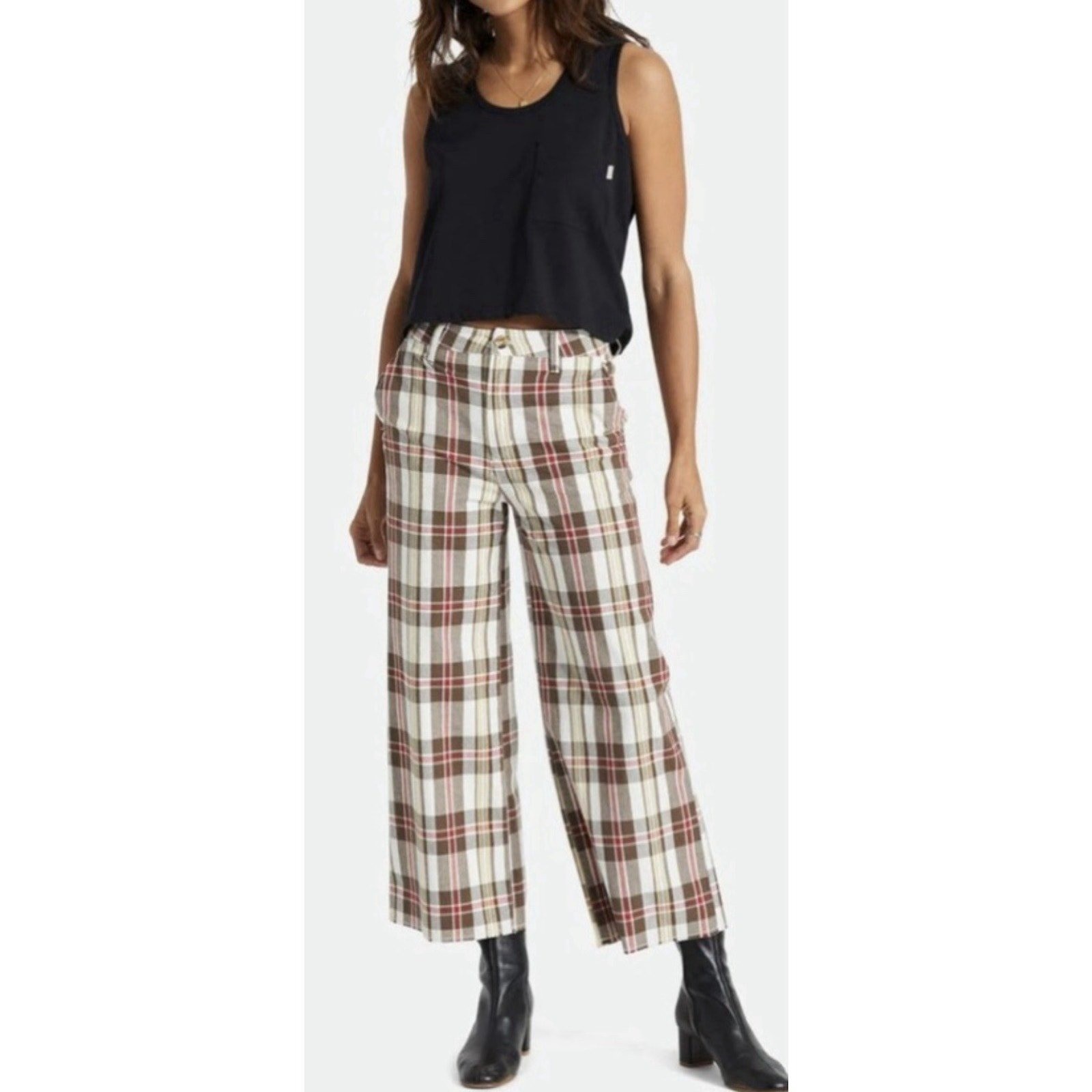BRIXTON Victory Retro 70’S Wide Leg High Waist Cropped Plaid Pants 29X27 NWT