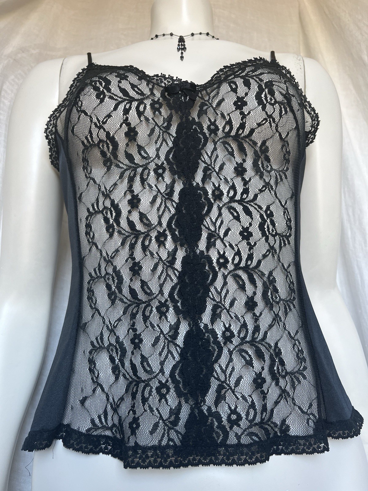Vintage Lace Camisole Slip Top Black Sexy Evening Gothic Romantic 70s Lingerie M