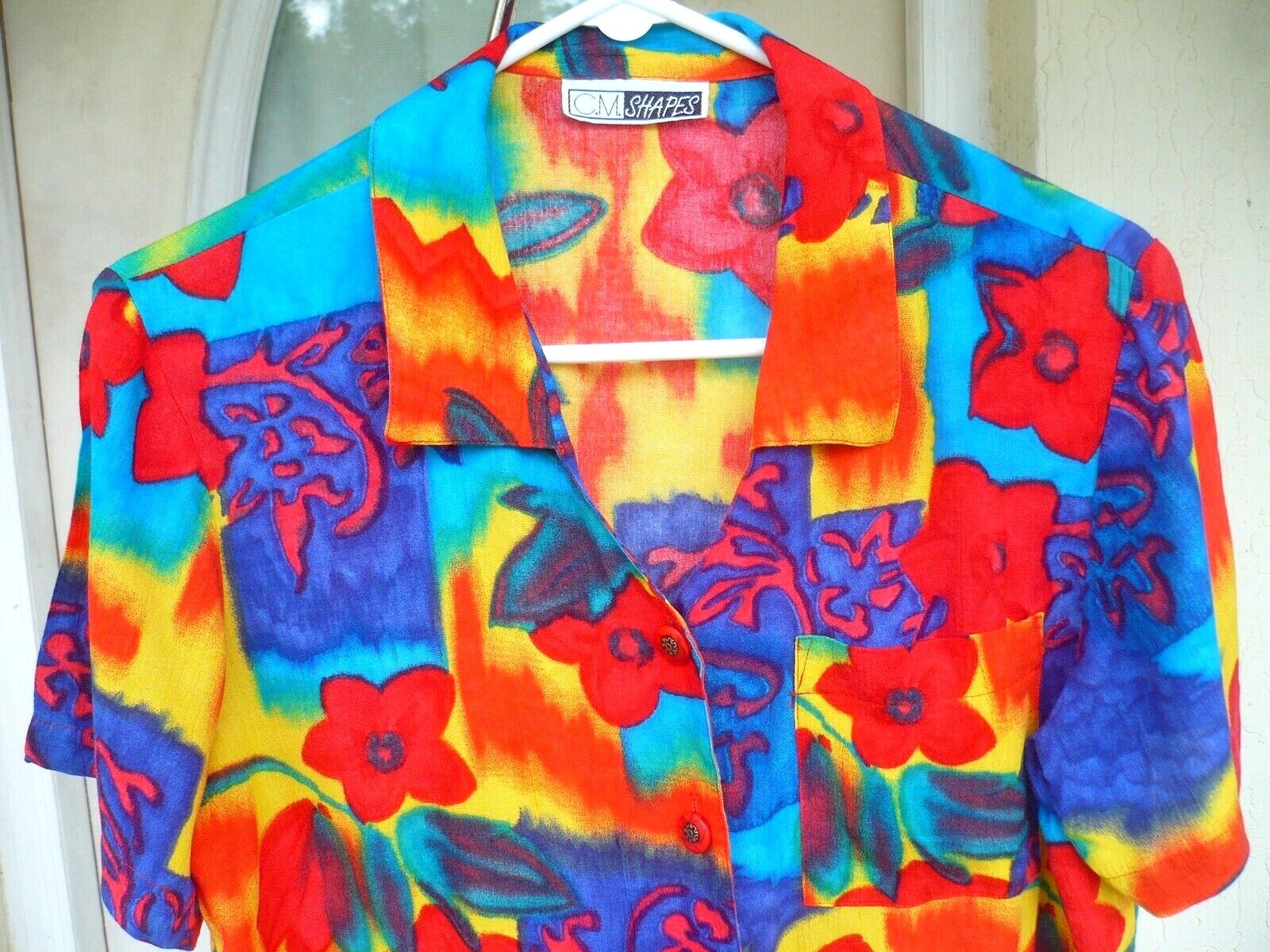 VTG 90S C M SHAPES M L FLORAL BRIGHT RED ORANGE BLUE MULTI COLOR BLOUSE SHIRT SS