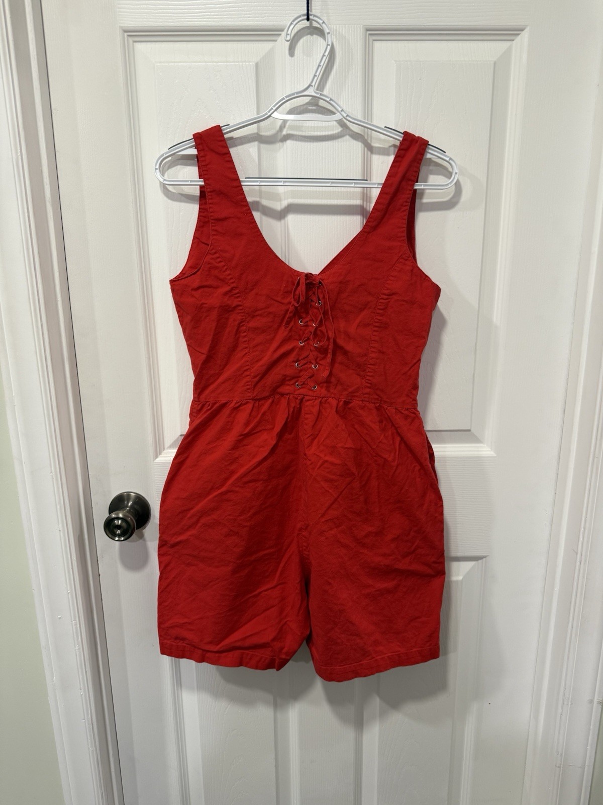 Vintage 1980s Red Romper Button Up Lace Back Pockets Size S Cotton Fashion Force