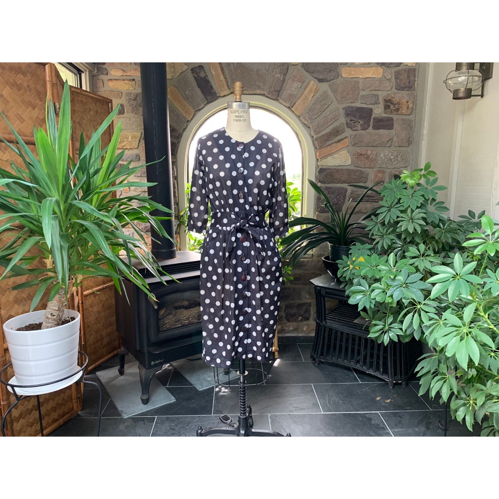 Vintage 1980s Navy Blue and White Polka Dot Button Front Office Dress Darian