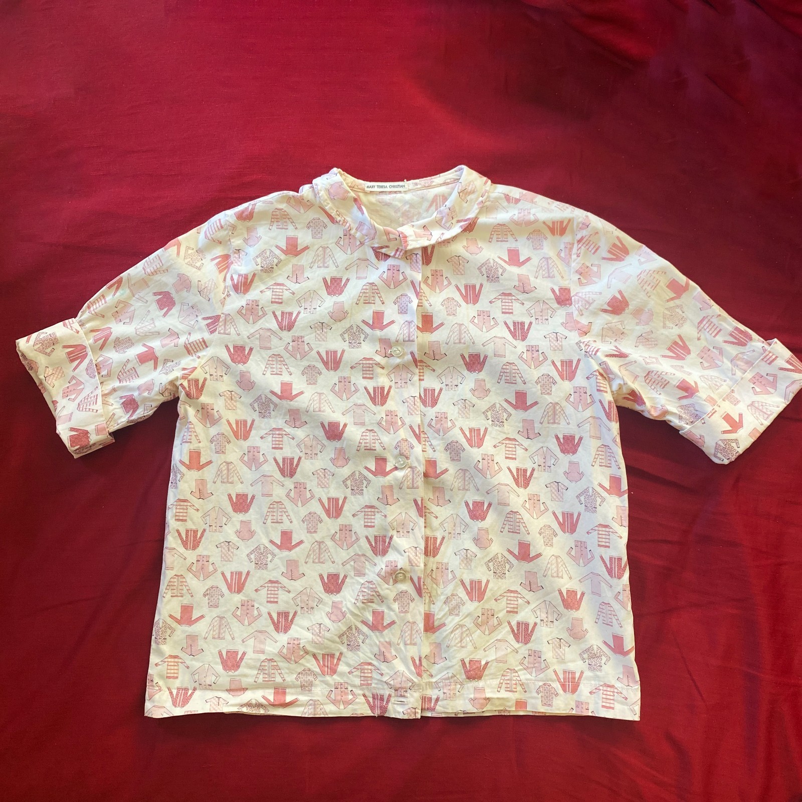Vintage 1950s Pink White Novelty Print Cotton Crop Top Shirt Blouse Size XS