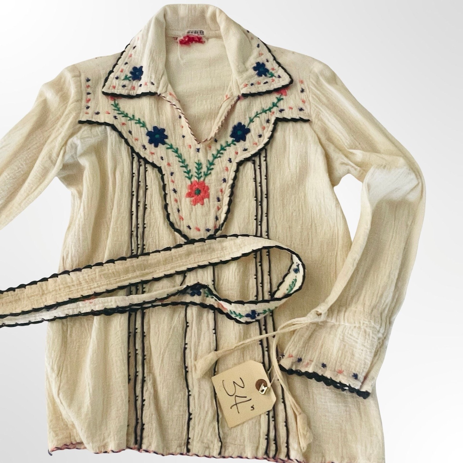 Vintage 1970s Indian Cotton Gauze Embroidered Blouse with Waist Tie