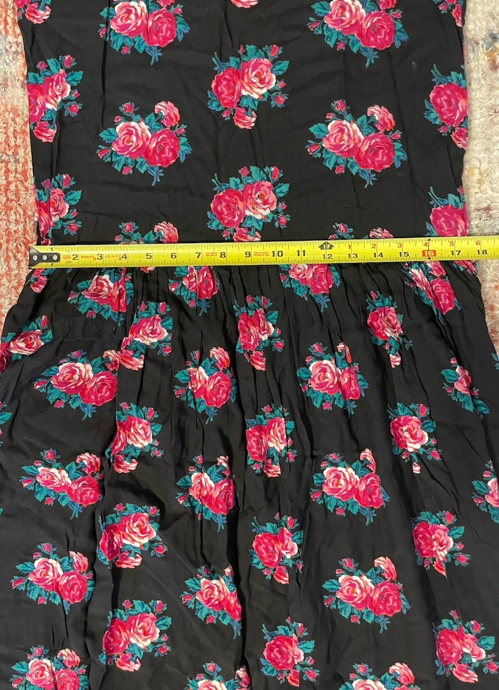 Vintage 80s Peppers Black Pink Rose Print Midi Dress M Rayon Drop Waist LS