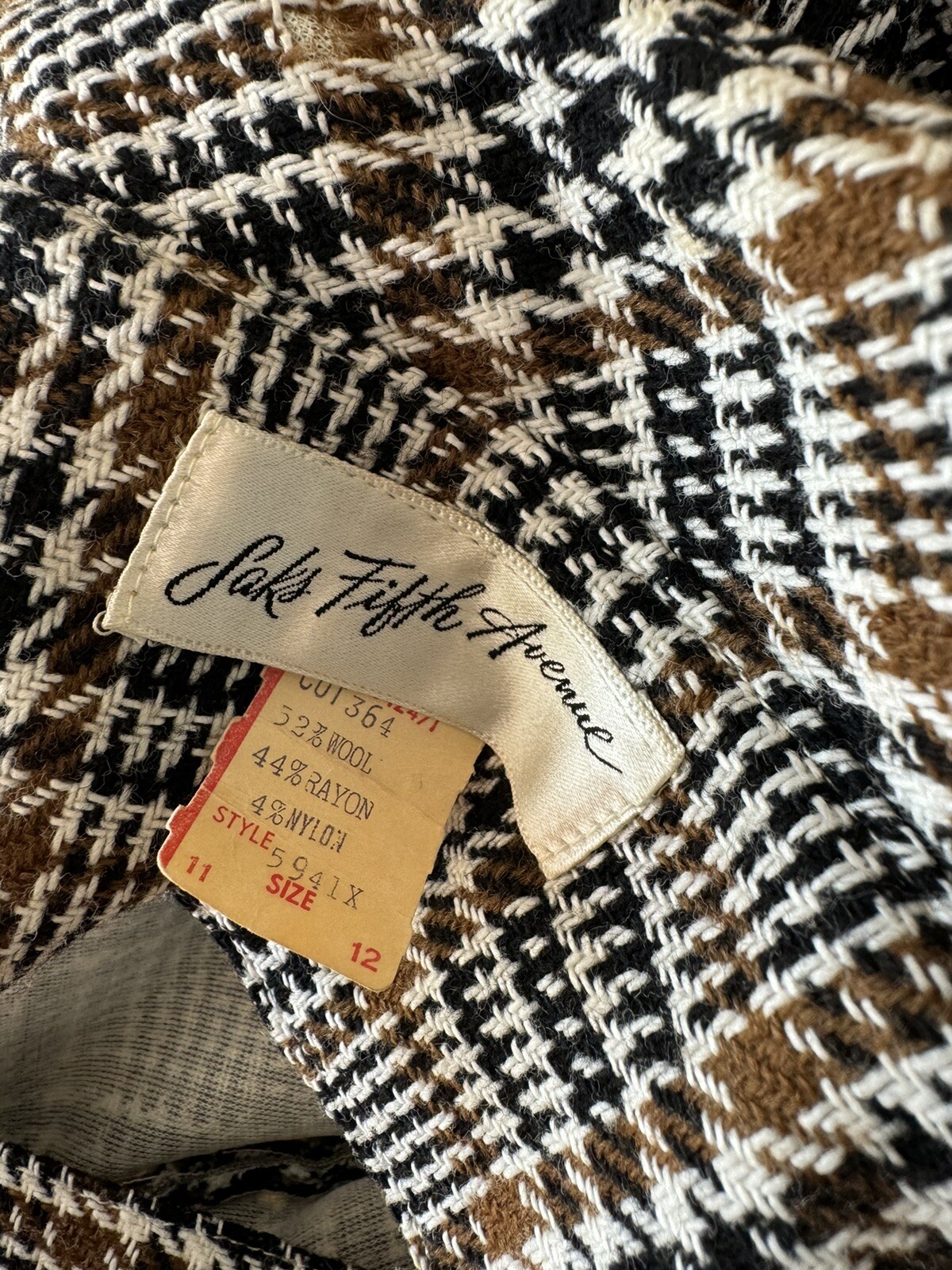 Vtg Mod Saks Fifth Avenue Brown Black Wool Tweed Plaid Dress Mandarin Collar M
