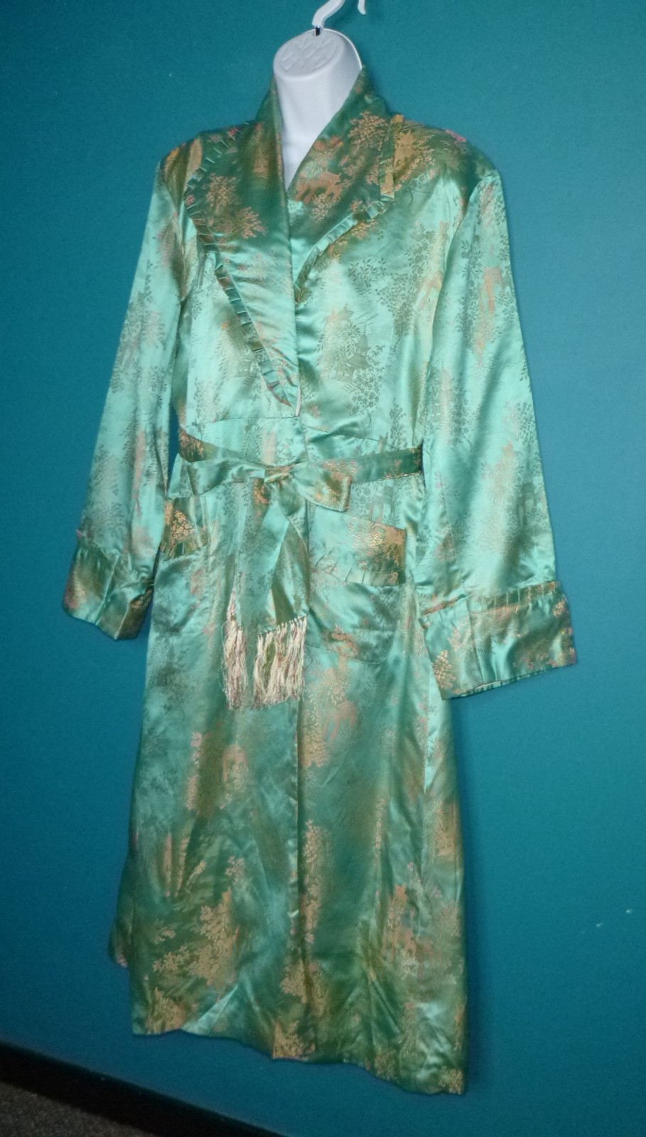 Vtg 40s 50s Aqua & Gold Satin Brocade Robe Dressing Gown Asian Motif Sz S/M