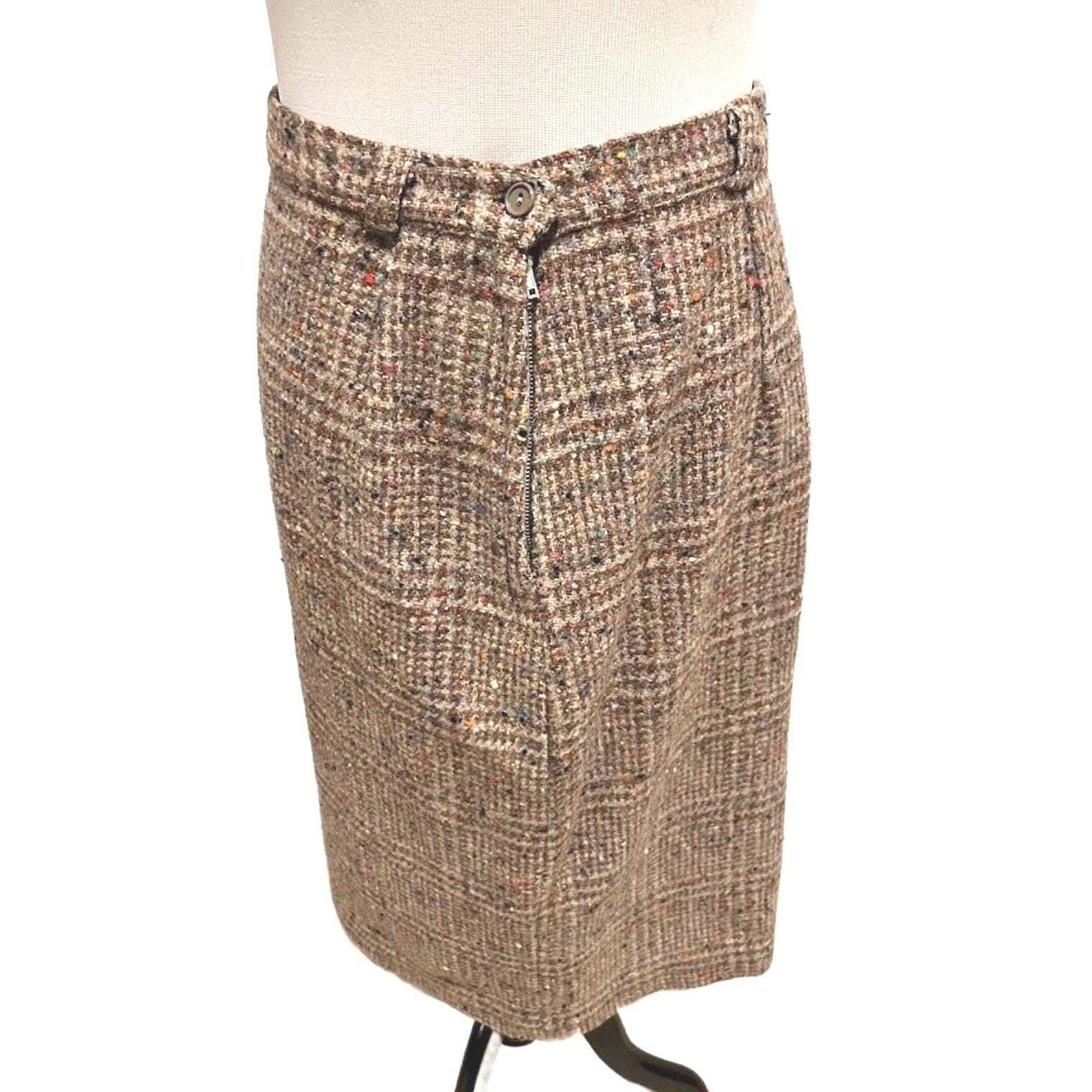 70’s Vintage Brown Tweed Glen Plaid Pencil Skirt Multi Color Confetti Fleck Midi