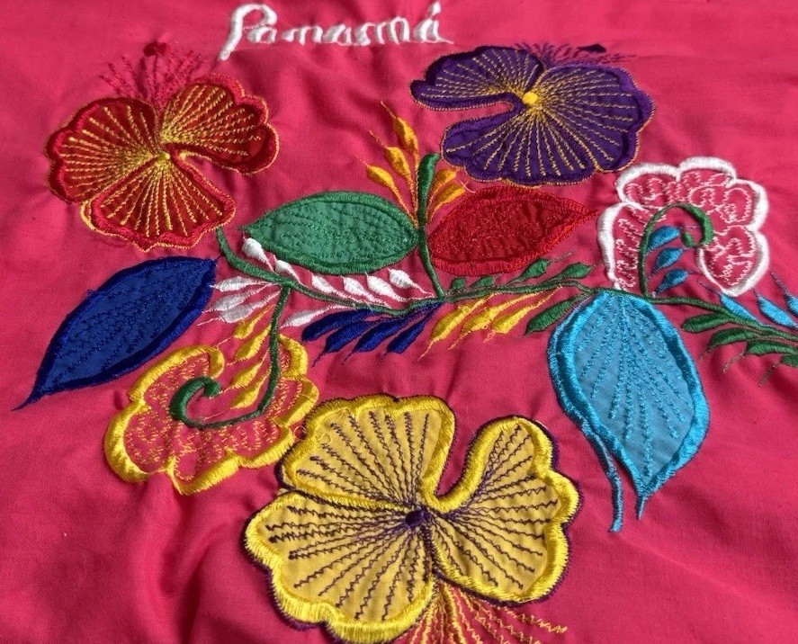 Vintage Panama Embroidered Caftan Dress Fuchsia Floral Muu Muu House Dress