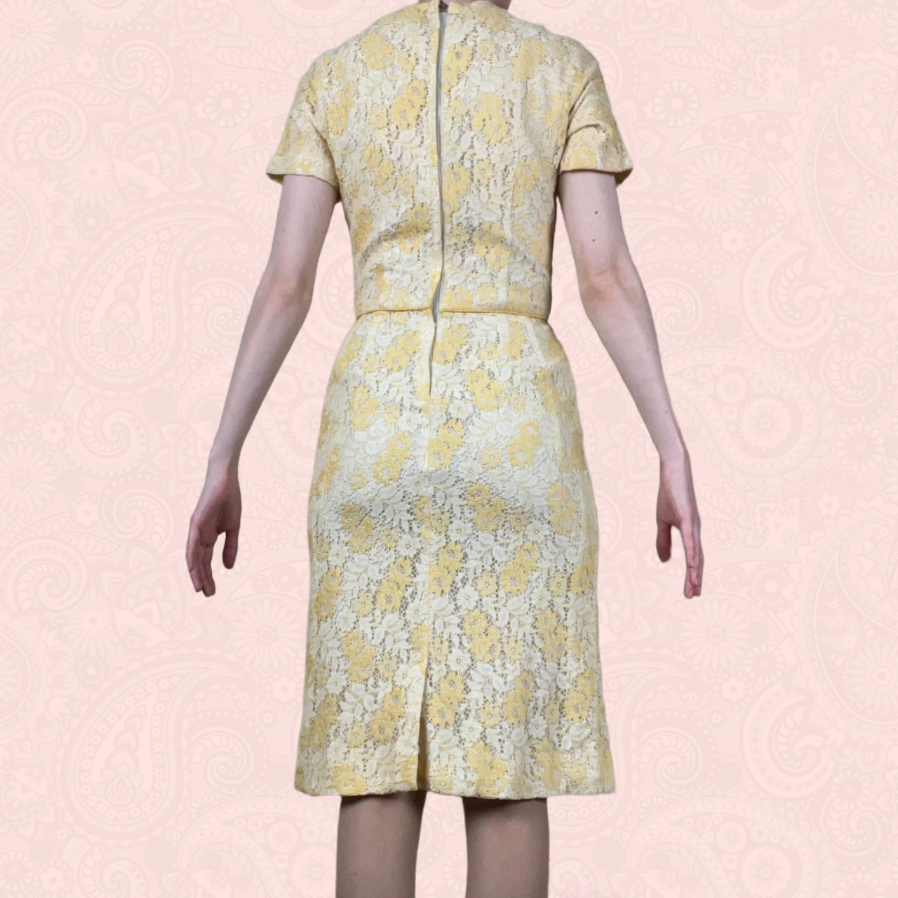 Vintage 60s 70s Yellow Cream Floral Lace Fitted Wiggle Short Sleeve Dress XS
