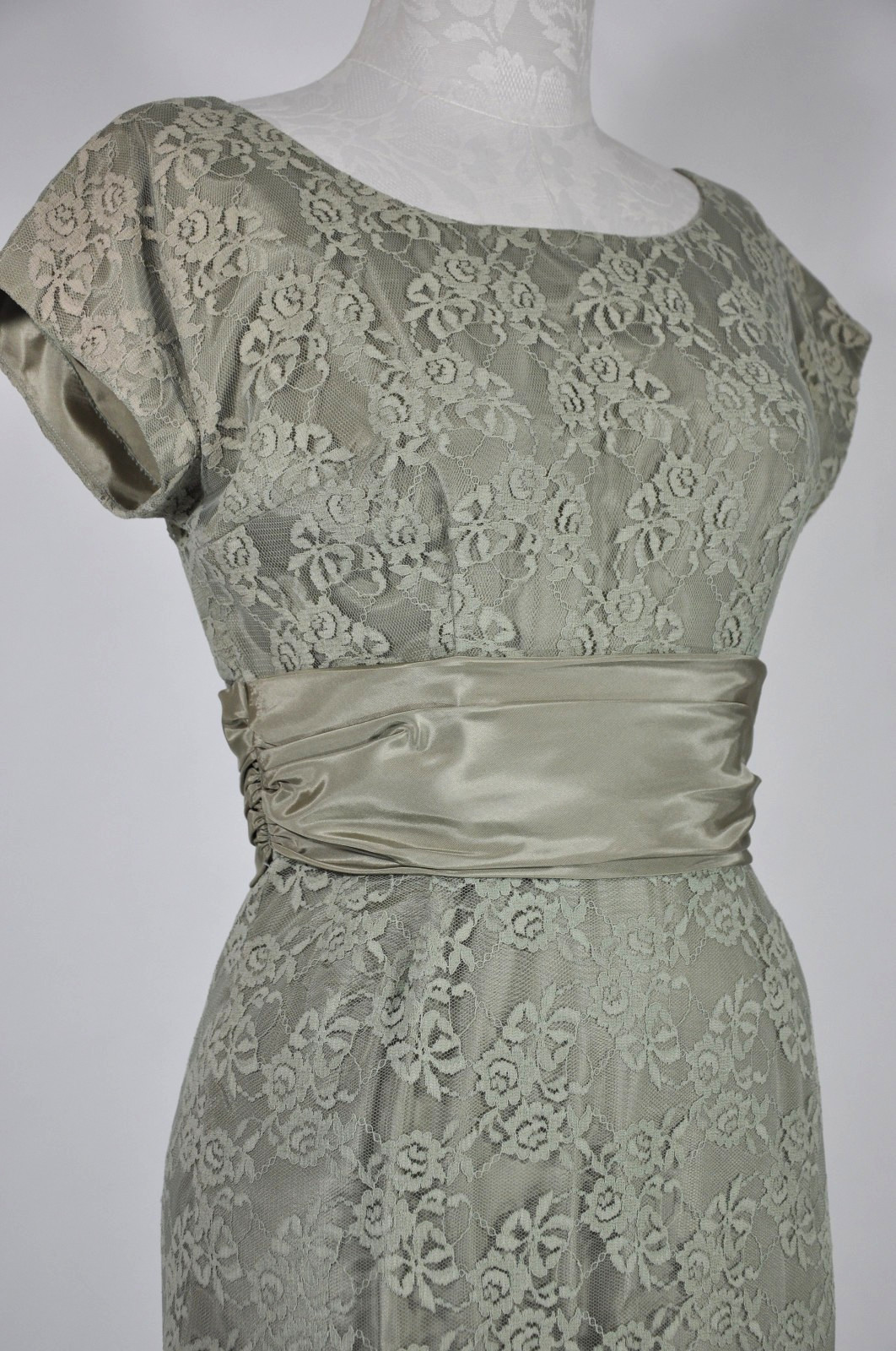 60s Vintage Sage Green Floral Lace Midi Sheath Wiggle Cocktail Dress Women XS S