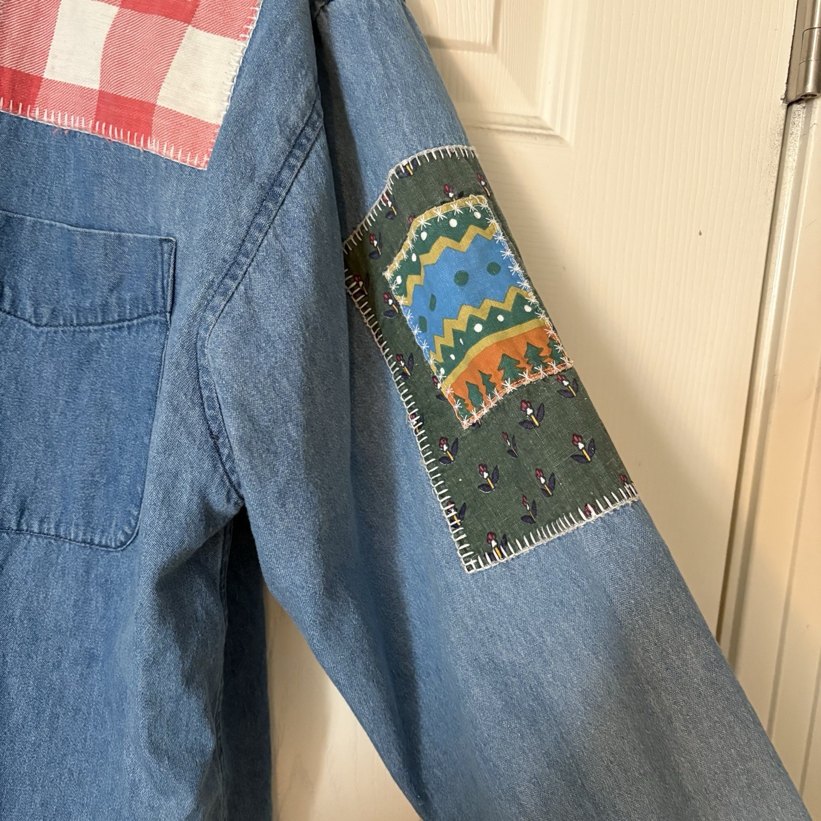 ASHLEY HILL Vintage Denim Patchwork Shirt Size XL 100% Cotton 90s Button Down