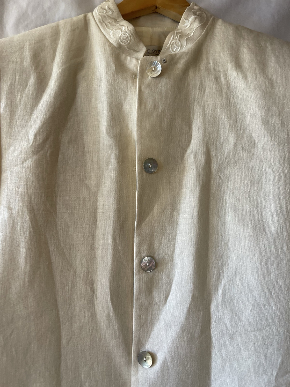 Vintage VALERIE STEVENS Pure Linen, 12, Cream Long Blazer Mandarin Collar NWT
