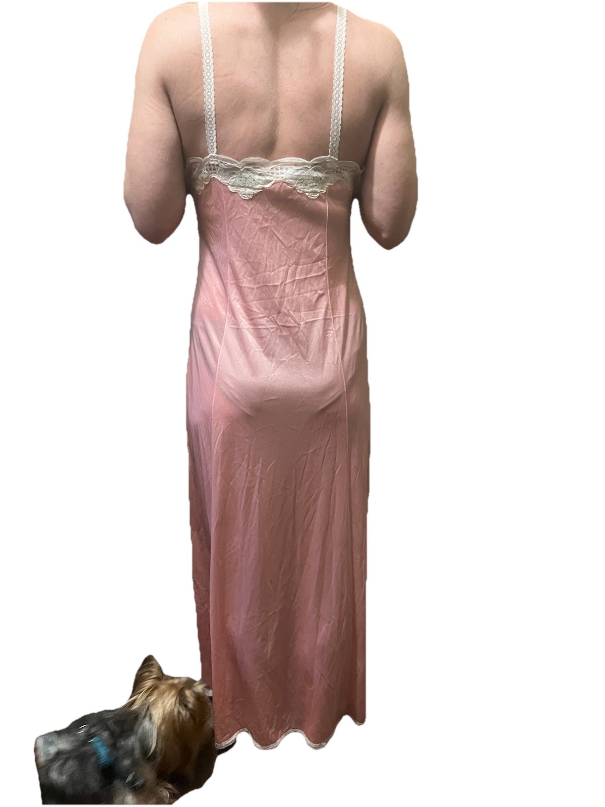 Sz S Elegant Vintage Lt Pink & White W Lace Detail & Straps MCM Night Gown 1960s