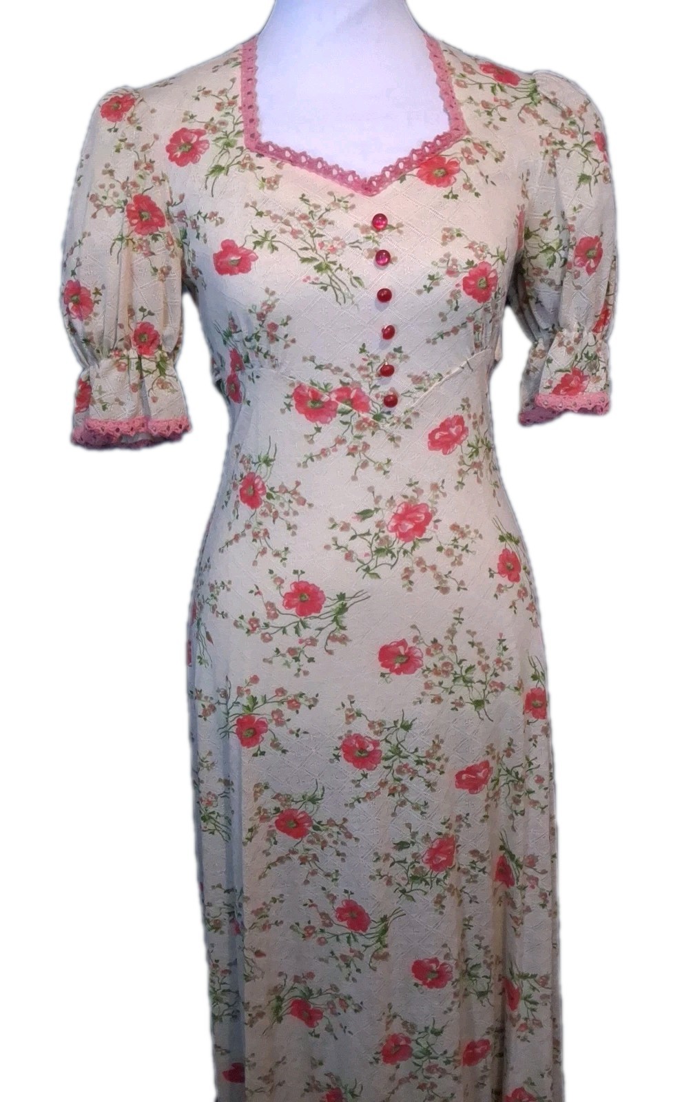 Vintage Maxi Dress Sweetheart Neckline Empire Waist Ditsy Floral Early 70s Sz 7