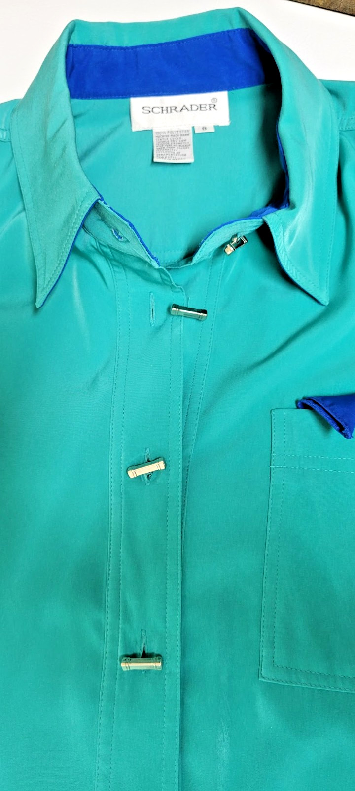 Vtg SCHRADER Shirt DRESS Sz 8 Emerald Green Long Sleeve Pockets Belt Half Button