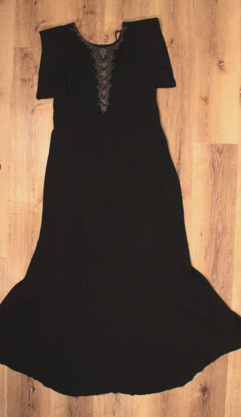 VTG Women’s 30s Black Rayon Beaded Front Maxi Dress / Gown Sz S/M 1930s