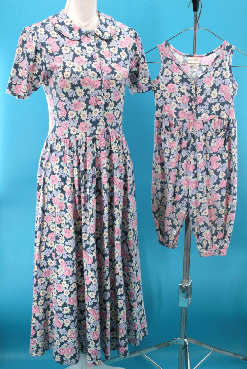 Vtg Womens 80s 90s 2Pc Navy Pink Floral Laura Ashley Mother/Child Dress & Romper