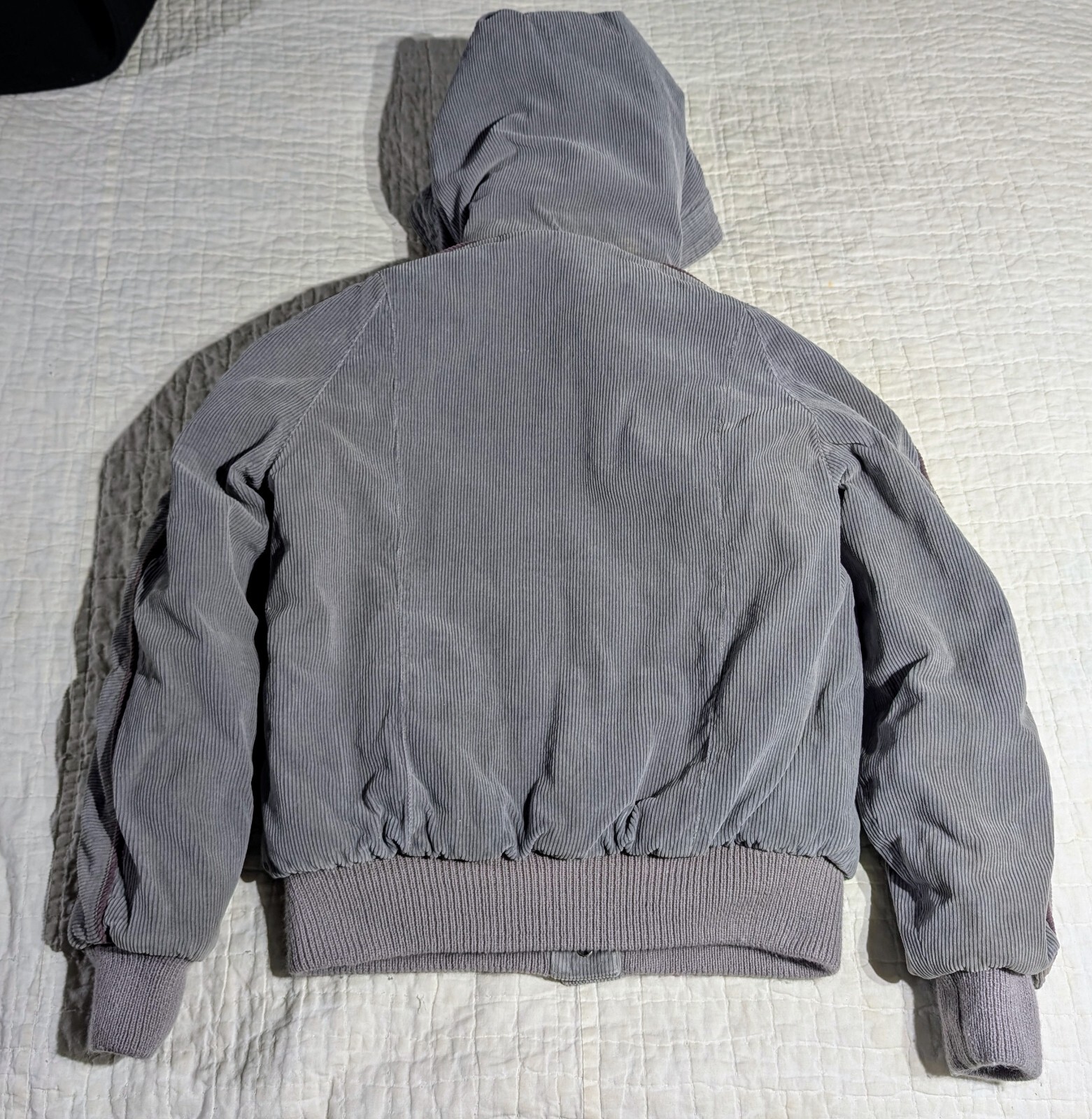 Vintage Mod Maid Coat 60s 70s Women’s SMALL Gray Corduroy Purple Trim Hooded