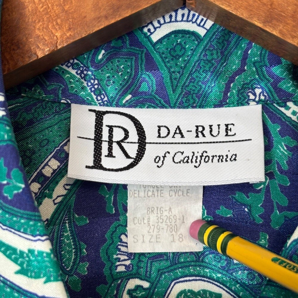 Vintage 80s Da-Rue Blue Teal Paisley Striped Women’s Button Down Blouse Sz 18 XL