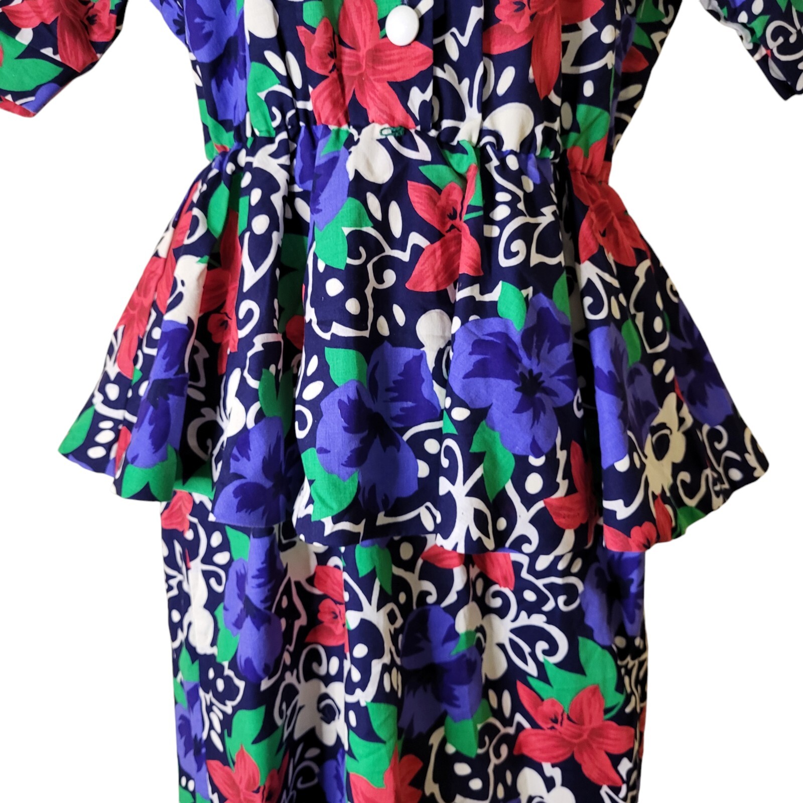 Vtg 80s Sabino Peplum Dress Size 10 Black & Multicolor Floral 100% Cotton
