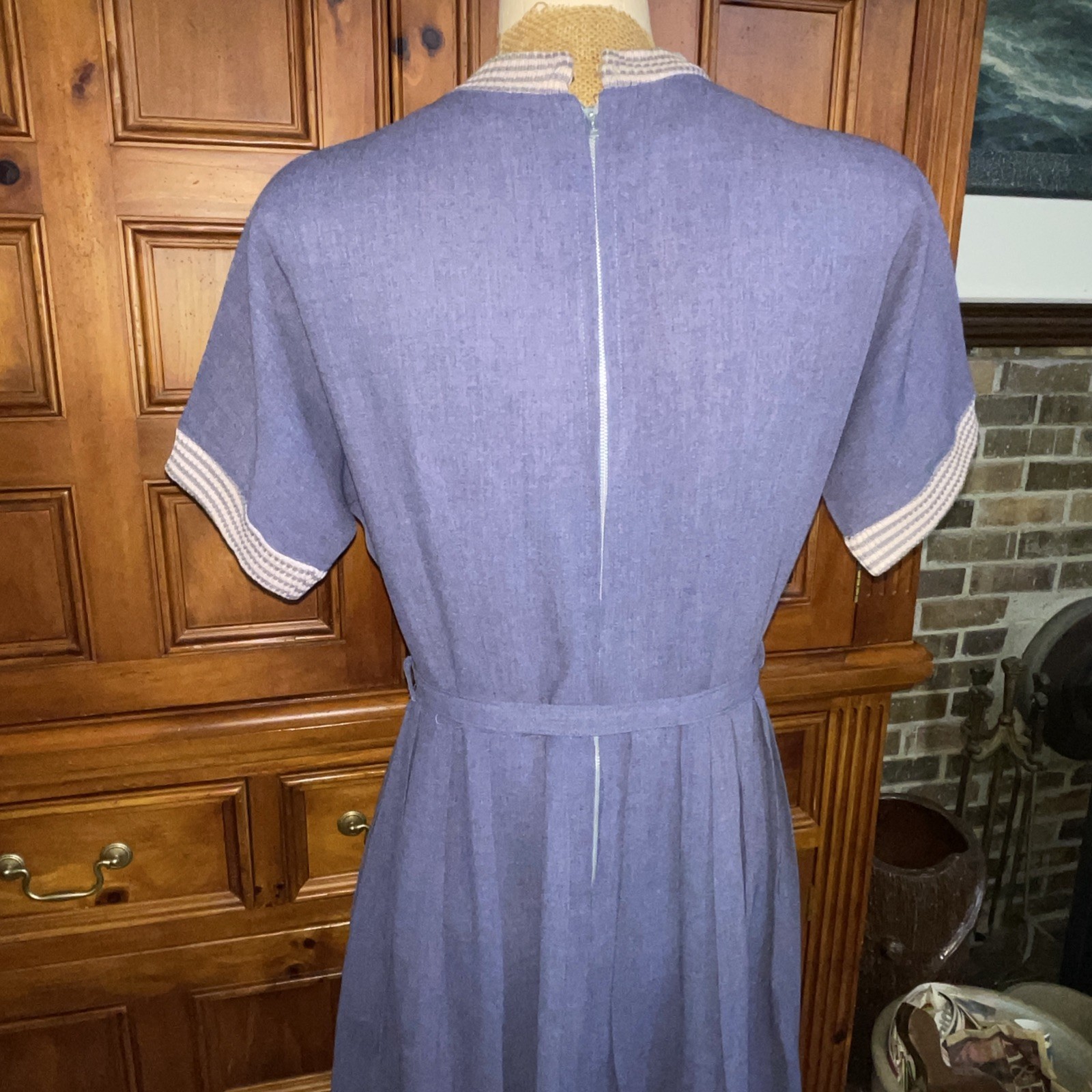 Vtg 30s 40s 50s Chambray Denim Gabardine House Dress M Striped Knit Collar Belt