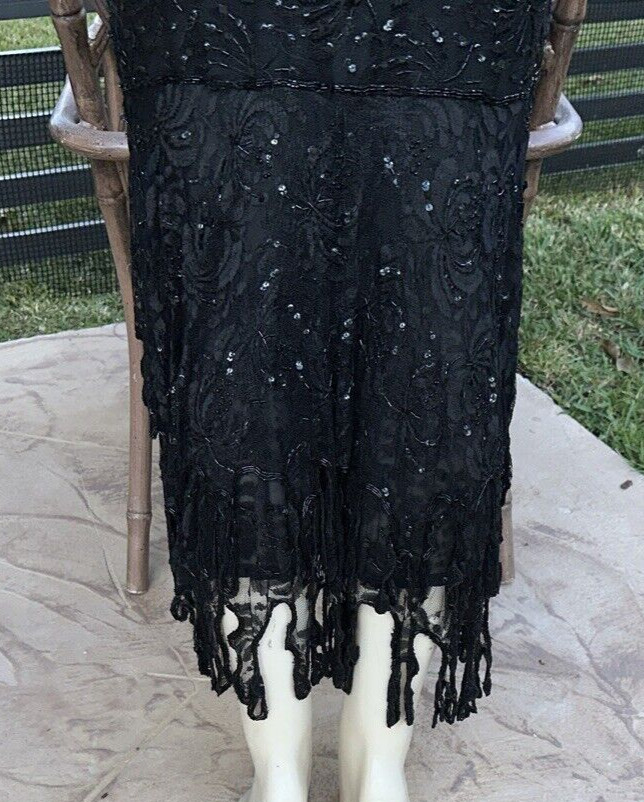 VTG JUDITH ANN CREATIONS BLACK SILK HEAVELY BEADED ASYMMETRIC HEM DRESS Sz XL