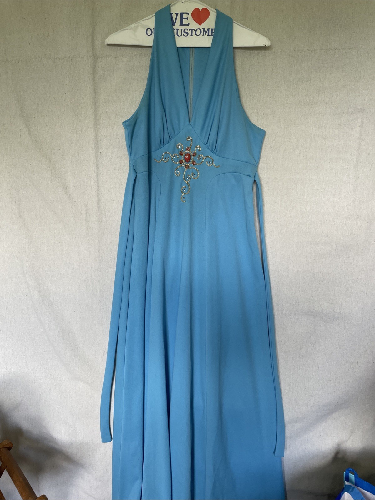 Vintage 1970’s Maxi Dress Turquoise With Stones And Gold Embroidery Women’s S/M