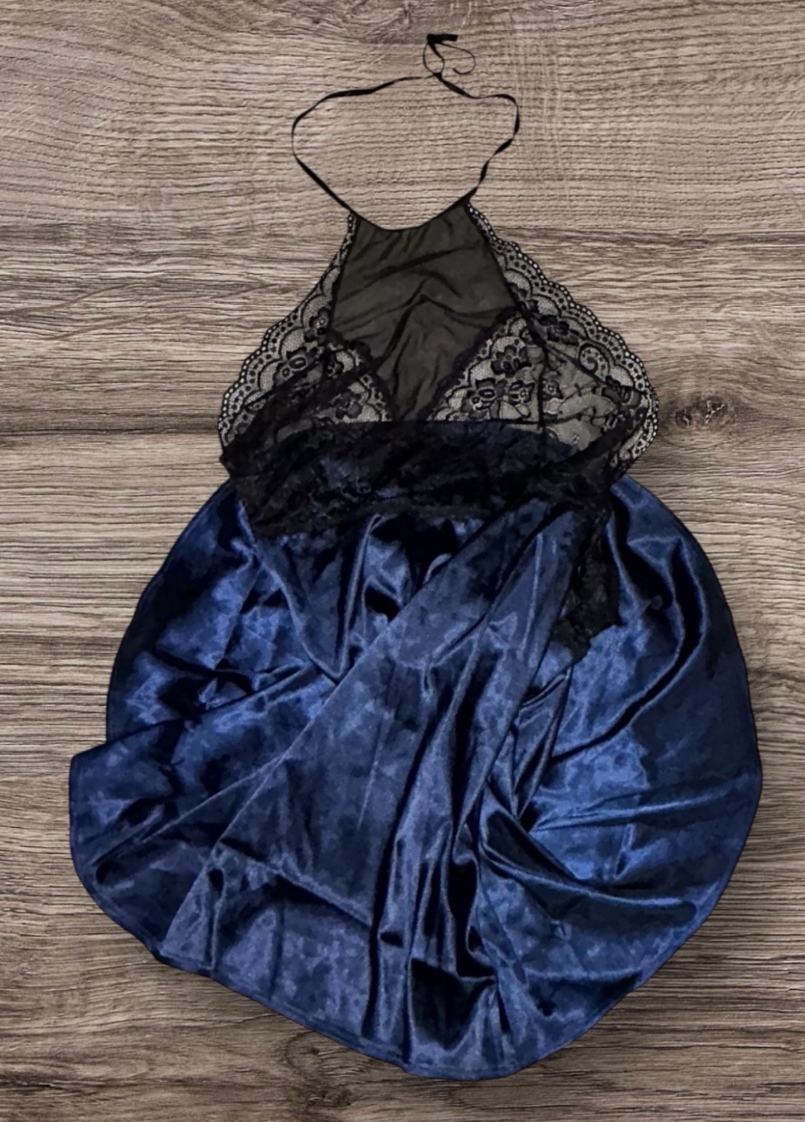 2PC Blue Shiny Satin Black Lace Sheer Trim Nightgown & G-String Panties 5XL NOS