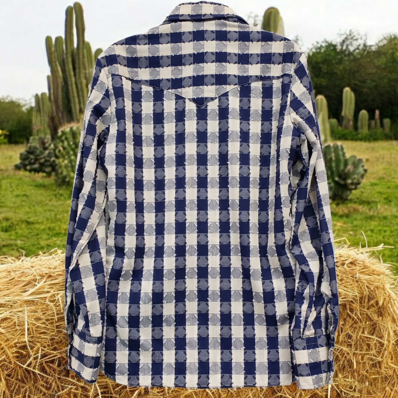 Vtg Tem Tex Pearl Snap Western Shirt Blue White Eyelash Plaid Women’s Sz 10