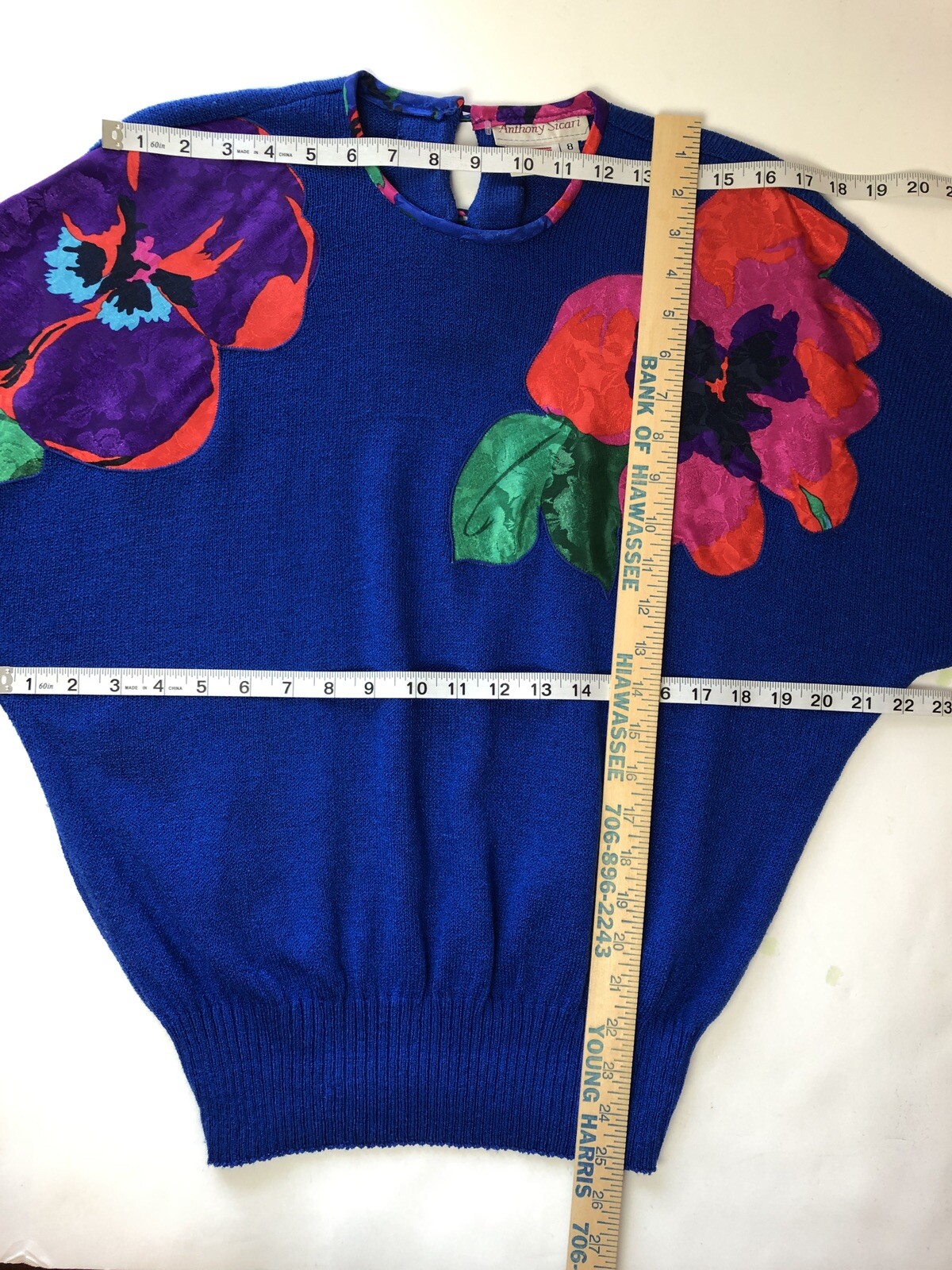 VTG 1980s Sweater Sz 8 Medium Anthony Sicari Bold Colors Flowers Dolman Slv USA