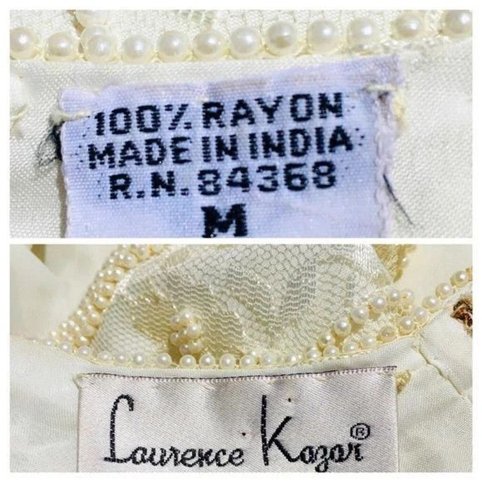 Vintage Laurance Kazar Creme Pearl Beaded Sequined Tiered Chiffon Formal Dress