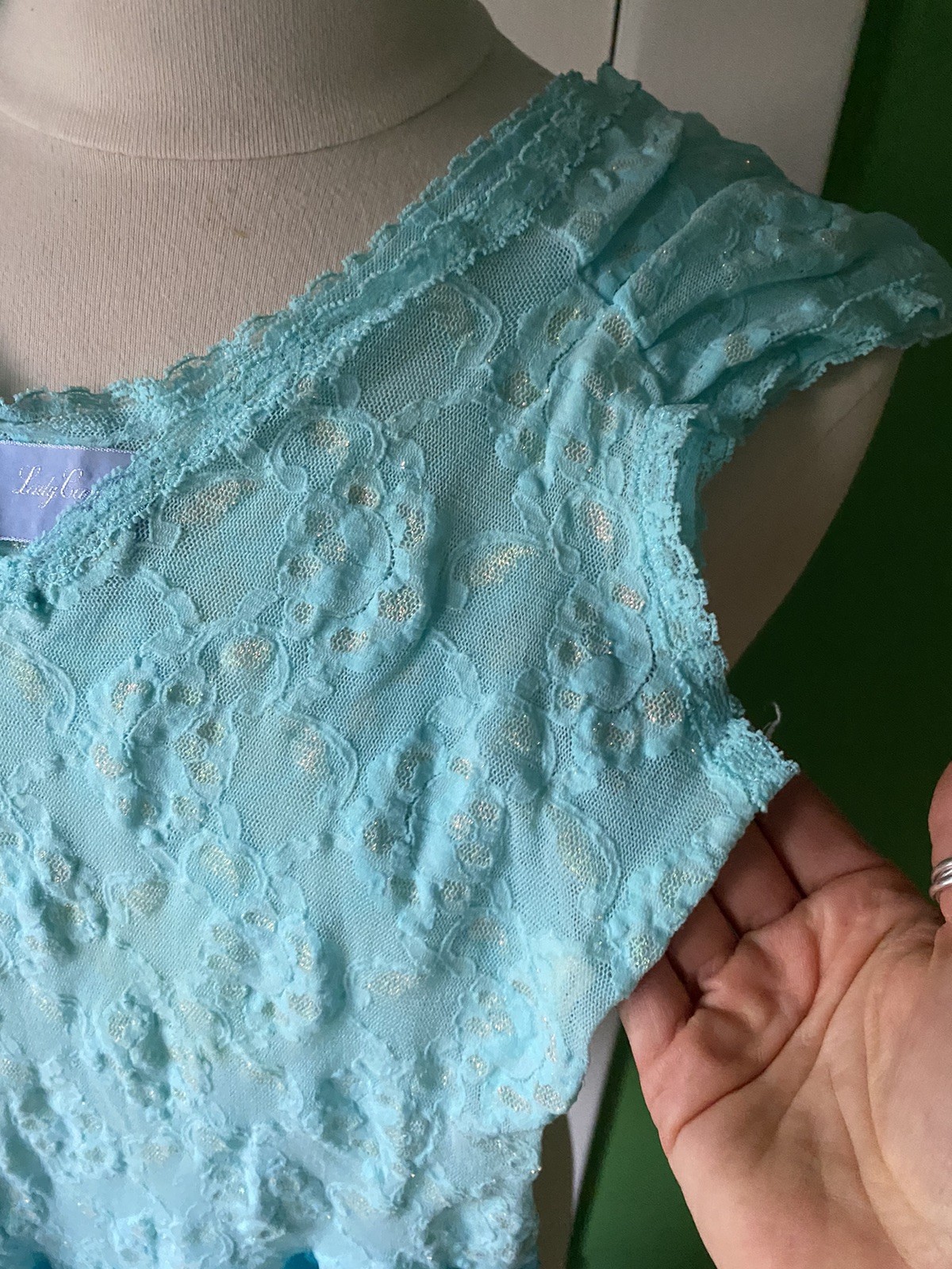Vintage 80s Lady Cameo Dallas Blue Nylon Golden Lace Jumpsuit Lingere