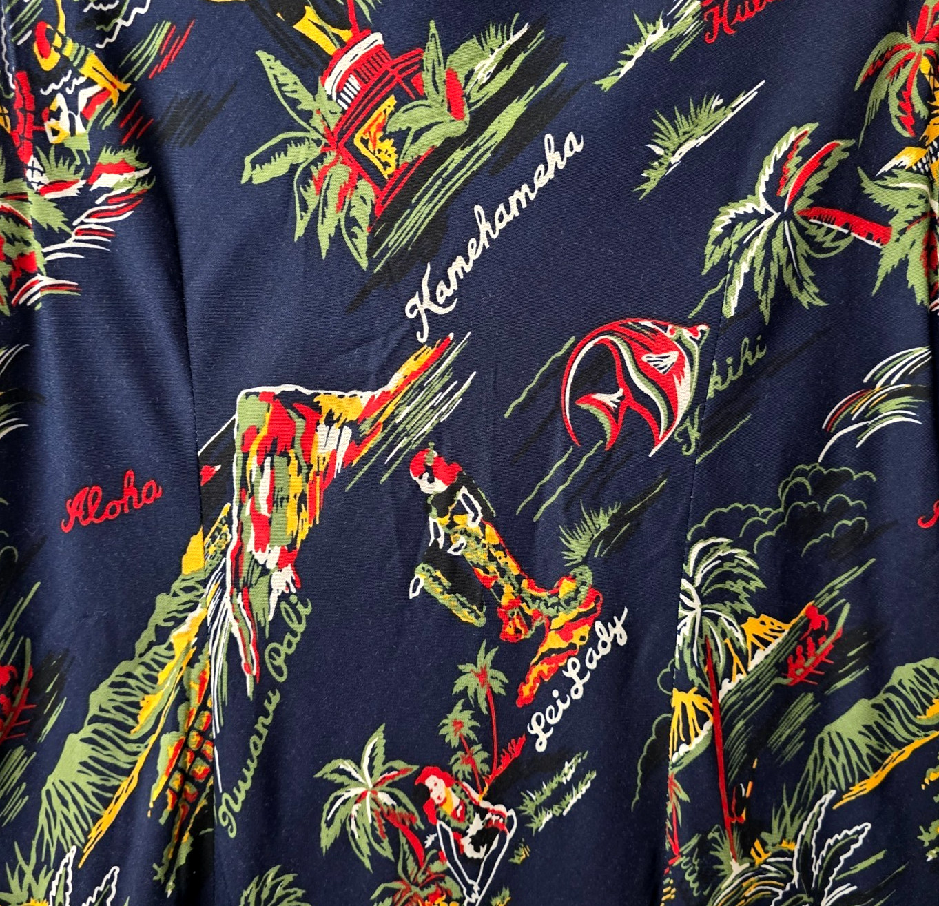 Vintage Hilo Hattie Maxi Dress 16 XL Island Palm Tree Print Navy Hawaiian Beach
