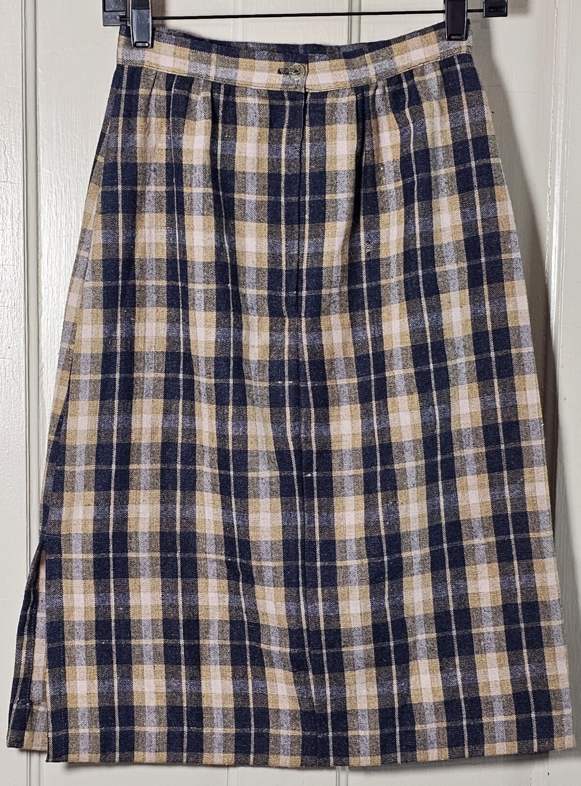 VTG 80’S Wool Pencil Skirt Women XS Blue Tan Pink Plaid Tartan Pleated Academia